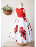 Red Printed Satin Pearl Embellished Knee Length Flower Girl Dress 